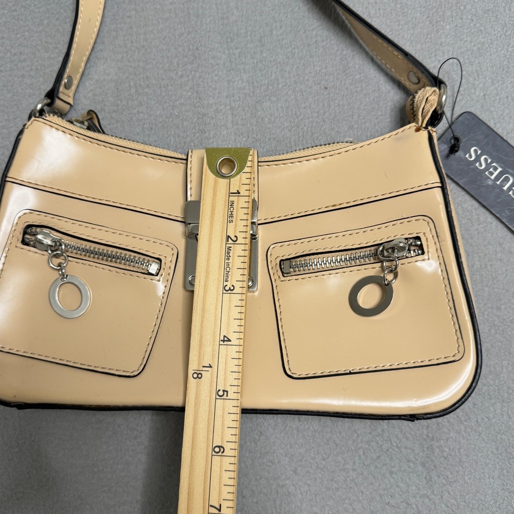 Guess Shoulder Bag Womens Tan Patent Faux Leather Y2K Baguette Small Pocket Mini - Picture 9 of 12